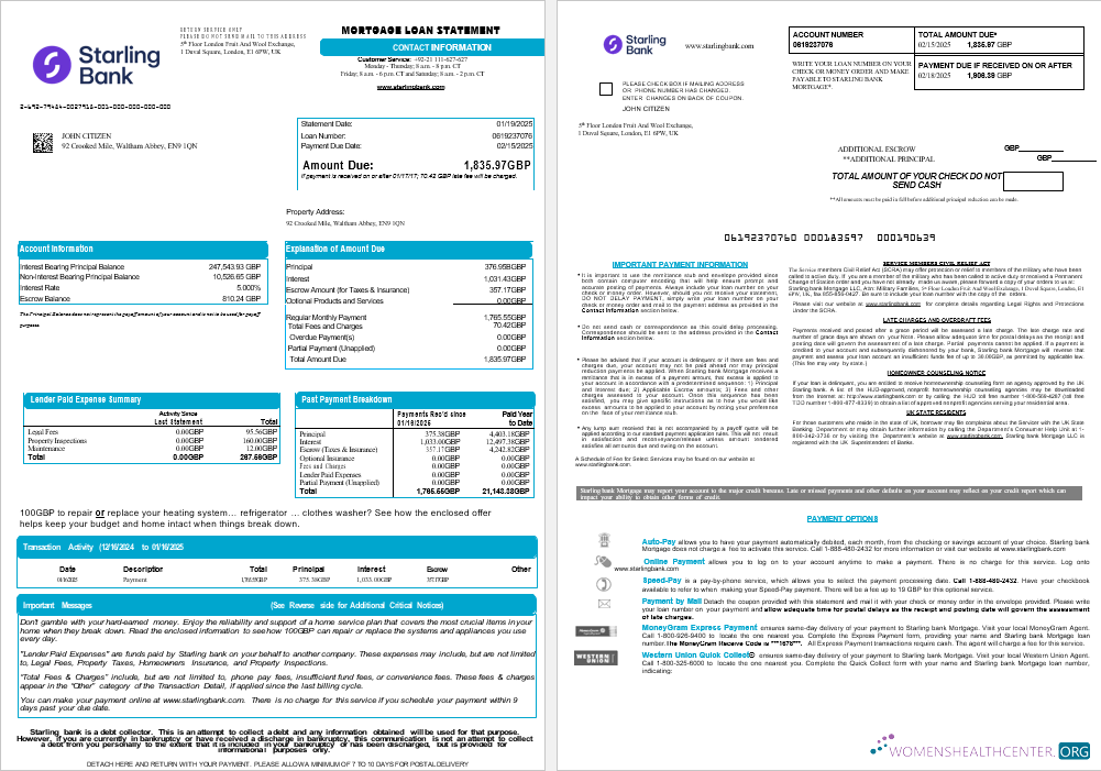 United Kingdom Starling bank mortgage loan statement in Word and PDF formats , 8 pages 1 2